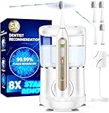Electric Toothbrush with Water Flosser, Upgraded 2.0 Electric Toothbrush for Adults, 5 Floss Speeds & 3 Modes with 3 Brush + 1 Nozzle, 500ML Tank, IPX7 Waterproof for Braces & Gum Care - White Gold