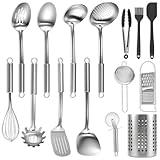 BEWOS Kitchen Utensils Set 15 Piece - Stainless Steel Cooking Utensils Set, Utensil Set with Spatula and Storage Bin, Non-Toxic, Dishwasher Safe & Heat Resistant