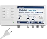 EDISION CAM-300 Amplificatore Antenna TV, Centrale Banda Larga, 2UHF, 1VHF/FM, 18-34db Regolabile, 115dBmV, per Digitale Terrestre DVB-T/T2, con filtro 5G LTE, UHF 470-694Mhz, VHF/FM 47-230MHz