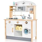 GYMAX Wooden Kids Play Kitchen, Chef Pretend Toy Kitchen with Clock, Microwave, Stove, Washing Machine, Swing Rack, Sound & Accessories, Kitchen Playset for Toddlers (With Apron and Hat)