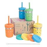 Elk and Friends Stainless Steel Cups | 10 oz Mason Jar Design | Kids & Toddler Cups with Silicone Sleeves & Straws with Stopper | Smoothie Cups