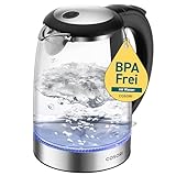 COSORI Glas Wasserkocher 1,7 L, kocht in 2 Minuten, wasserberührende Teile plastikfrei, 304er Edelstahl-Kalkfilter, 2200 W, Überhitzungsschutz, 360° drehbarer Sockel, Schwarz