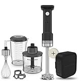 Kitchenaid Mixeur plongeant sans fil - Go Cordless - Mixeur portable avec Bol mélangeur de 1L - Fouet et haichoir inclus - Lame inox - Puissant - Protecteur antirayure - Avec batterie - Noir