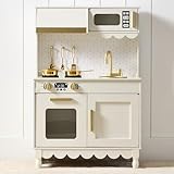 Best Choice Products Wooden Pretend Play Cottage Kitchen Kids Toy w/Storage, Scalloped Edge, 5 Accessories, Microwave, Oven, Clicking Knobs - Cream