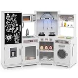 Costzon Corner Play Kitchen w/Lights, Sounds, Large Pretend Play Kitchen Set w/Blackboard, Microwave, Cooking Accessories, Wooden Montessori Sensory Toy for Kids 3+ Years Old