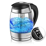 Arendo - Bollitore in vetro da 1,8 litri con filtro per il tè, 2200 Watt, In acciaio inossidabile, Intervallo di temperatura da 40 °C a 100 °C, Funzione di mantenimento in caldo, Illuminazione LED