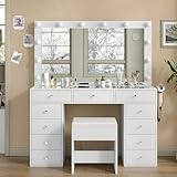 11 Drawers Vanity Desk with Power Outlet, Makeup Vanity with Mirror and 12 LED Lights, 3 Lighting Modes, Vanity Set, Glass Top, Dressing Table for Bedroom,Dressing Room, White