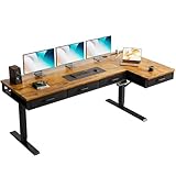 OffiGo 63 Inch L Shaped Electric Standing Desk with Drawers, Height Adjustable Large Desk with Power Outlets, Sit Stand Table, Writing Computer Desk for Home, Office, Workstation, Rustic Brown