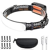POKISEED Torcia Frontale LED Ricaricabile 1500 Lumen 230° Grandangolo USB-C 5000mAh, Lampada Frontale LED Ricaricabile IPX6, Torcia da Testa per Corsa Trekking Campeggio