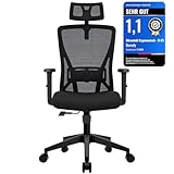 Durrafy Sedia da Ufficio con Schienale Alto in Rete, Ergonomica con Poggiatesta Regolabile, Bracciolo, Supporto Lombare, Sedia Ufficio con Regolazione in Altezza e Oscillazione a 90°-120°, Nero
