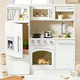 Tiny Land Play Kitchen for Kids, Upgraded Wooden Kitchen Toy with Complete Play Areas, Pretend Cooking Set with Sink, Stove, Microwave, Toy Coffee Station & Storage for Kids Ages 3+