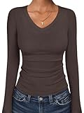 ANRABESS Long Sleeve Shirts for Women V Neck Ribbed Knit Fitted Fall Basic Tshirts Going Out Tops 2026 Casual Trendy Clothes Coffee X-Large