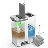 Mop and Bucket Set with AUTO Pump, 3-Zone Separate Dirty and Clean Water Floor Mop, Flat Mop and Bucket System with Wheels and Wringer, 4 Reusable Pads, One-Touch Water Filling for Floor Cleaning