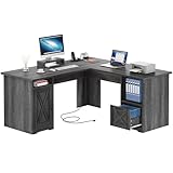 YITAHOME L Shaped Desk with Power Outlets, 60 Inch Computer Desk Corner Desk with File Drawer, Home Office Desk with Monitor Stand & Storage Shelves, L-Shaped Desk with File Cabinet, Grey
