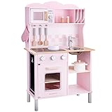 New Classic Toys 11067 Wooden Pretend Toy Kitchen for 3Y+, for Kids Included Accessoires-Comes with Electric Cooking Plate-Makes Sound, Pink