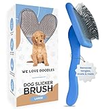 Slicker Brush for Dogs, Dog Grooming Supplies - Best Doodle & Poodle Brush for Long Haired Dogs - Goldendoodle Long Pin Detangler For Dematting (Large Curved)