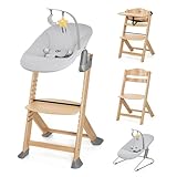 Kinderkraft ENOCK Trona bebé de Madera + Hamaca Bebé CALMEE, portatil, para niños, Silla alta Infantil, Evolutiva, Ergonómica, Barrera y Bandeja, Gris
