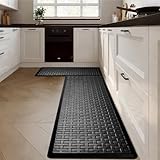 UKISS 2PCS Kitchen Rugs, Cushioned Anti Fatigue Kitchen Mats for Floor, Waterproof Kitchen Rug，Non-Slip Comfort Standing Mat for Kitchen, Floor Home, Office, Sink, Laundry,17.3"x28"+17.3"x60" Black