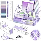 Organizadores y accesorios de escritorio morados, suministros de oficina morados con organizador de escritorio de malla, dispensador de cinta acrílica y grapadora, grapas, bolígrafo, juego de clips,