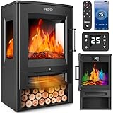 TRESKO® Elektrokamin mit Heizung inkl. Fernbedienung & WiFi App | Kamin elektrisch 1800W LED-Flammeneffekt Farbmodi | Kaminfeuer Thermostat, Timer | Elektro Kaminofen Standkamin 2 Heizstufen (Schwarz)