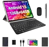 Android 15 Tablet, 12GB+64GB+1TB Expand, 10 Tablet Productivity Bundle with Keyboard Case, Stylus Pen, Octa-core CPU, Dual Camera, WiFi6, 6000mAh Battery+18W Fast Charge, Support Face Unlock (Black)