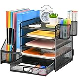 Marbrasse Desk Organiser File Holder,5-Tier Paper Letter Tray Organiser with Drawer,2 Pen Holder,Mesh Desktop Storage with Magazine Holder for Office Supplies (Black)