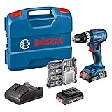 Bosch Professional 18V System perceuse-visseuse à percussion sans-fil GSB 18V-45 (régime à vide 1 900 tr/min, avec 2 batteries 2,0 Ah, accessoires, GAL 18V-20, L-Case) – Set Amazon Exclusive