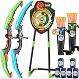 HYES 2 Pack Bow and Arrow for Kids, LED Light Up Archery Set with 24 Suction Cup Arrows, 1 Standing Target, 6 Score Targets & 2 Quiver, Indoor Outdoor Sport Gifts for Boys Girls Ages 4-8