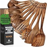 Wooden Spoons for Cooking, Kitchen Utensil Set, 10 Pcs Cooking Utensils Set for Nonstick Pans & Cookware – Study Teak Wood, Lightweight & Heat Resistant