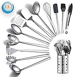 Berglander Ensemble d'ustensiles de cuisine en acier inoxydable 13 pièces avec porte-ustensiles antiadhésif et résistant à la chaleur, lavable au lave-vaisselle, facile à nettoyer (13 paquets)
