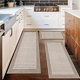 Ileading Kitchen Mat Sets 3 Piece Minimalist 3D Lattice Kitchen Floor Rugs with Non Slip Rubber Backing Machine Washable Farmhouse Runner Rugs for Laundry Hallway Doormat(Beige)