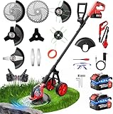 12-Inch Cordless Strimmer, Electric Garden Trimmer with 2 x 3.0Ah Battery and Charger, Powerful 20000 RPM, 4 Types of Blades, Telescopic Grass Strimmer with Detachable wheels for Lawn Garden Pruning