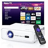 Aurzen Roku TV Smart Projector with Wifi and Bluetooth, Roku Streaming Experience Built-in, 1080P FHD, DoIby Audio, Auto Focus & Keystone, Zoom, Movie Portable Outdoor Mini Projector, White