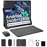 Laptok Android 15 Tablet 10 Pollici, 24GB RAM+128GB ROM, Octa Core 2.0GHz /WiFi 6+2.4G/GMS/5000mAh/Bluetooth 5.2/Widevine L1/8MP+5MP/Tablet 2 in 1 con Tastiera, Mouse, Cuffie, Penna e Custodia