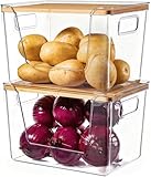 Criusia 2 Set Pantry Organizers and Storage with Bamboo Lids, Stackable Clear Bins for Onion, Potato, Fruit, Vegetables, Trash Bag Dispenser, Kitchen and Under Sink Organizer