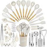 Kaluns 50 PCS Silicone Kitchen Utensils Set Complete Kitchen Set - 800°F Heat Resistant Non-Stick Premium Cooking Utensils W Wooden Handles - Can Opener, Masher, Turner, Silicone Spatula Set
