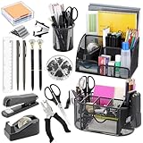 17 in 1 Black Desk Organizers and Accessories Set, 3 Office Desk Supplies Storage Organization, 4 Pens, Stapler, Staples & Remover, Tape & Dispenser, Scissors, Ruler, Clips, Hole Punch, Back to School