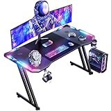 HLONONE 120 x 60cm Bureau Gaming LED, Grande Bureau Gamer avec Un Plateau en Fibre de Carbone, Bureau Informatique Ergonomique avec Tapis de Souris, Porte-gobelet et Crochet pour Casque, Noir