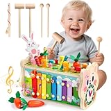 Fajiabao Jouet Bebe 1 an Montessori- 7 en 1 Jeux en Bois Educatif Jouet Enfant 1 an Jeu Marteau et Xylophone Bebe, Cueillir Les Navets, Cadeau Enfant 1 2 3 Ans Garcon Fille Anniversaire