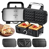 Waffle Maker with Removable Plates, 3-in-1 Sandwich maker and waffle and pancake maker, Nonstick Plates, 5-Level Browning Control & Ready Indicator Lights, Easy to Clean for Family Breakfast