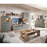Lomadox Wohnwand Wohnmöbel Set Eiche mit Schilfgrün 7-teilig Modern, 1 Highboard, 1 Wandboard, 1 Lowboard (2-teilig), 1 Hängevitrine, 1 Couchtisch, 1 Sideboard inkl. Beleuchtung