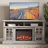 BELLEZE Traditional 58" Rustic TV Stand with 23" Electric Fireplace Heater with Sound, Media Entertainment Center Console Table for TV up to 65" with Open Storage Shelves and Cabinets - Grey Wash