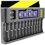 Retoo Akku Ladegerät für AA, AAA, 9V NI-MH/NI-CD, Li-ion-3.70V/3.80V, LiFePO403.20V, 12-Ladeplatz, mit LCD Anzeigem Universal Schnell Batterieladegerät, Schwarz